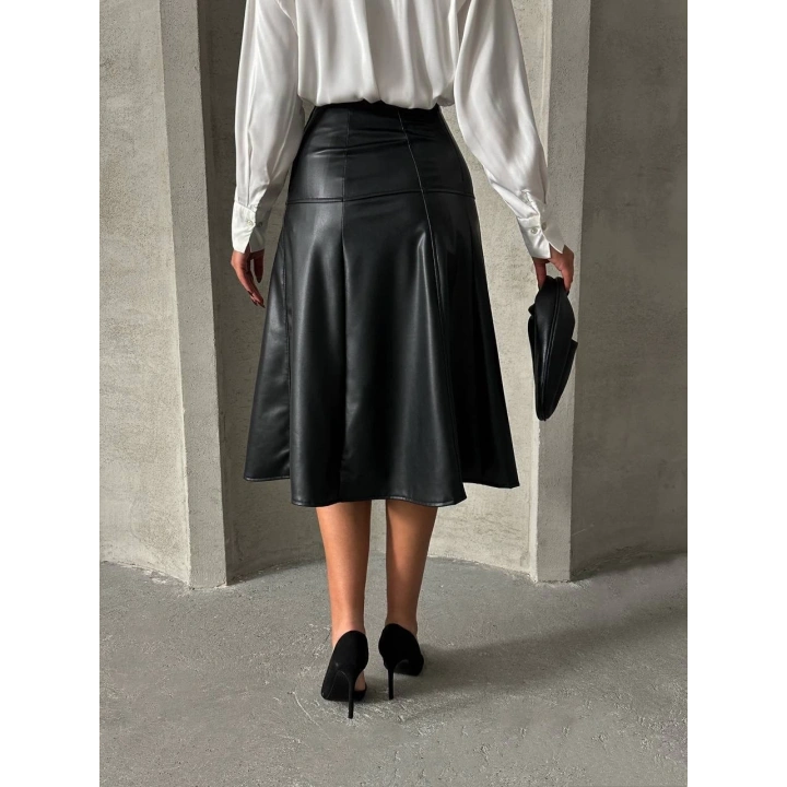 Komple parçalı deri etek siyah h26441