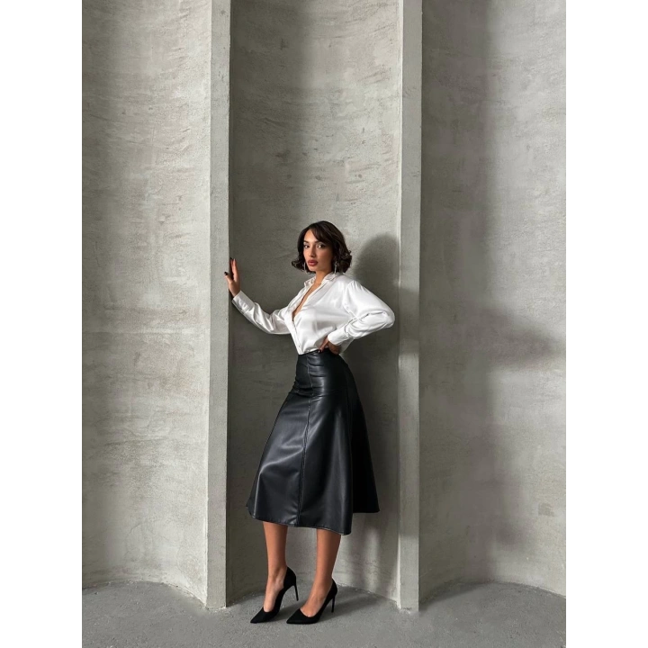 Komple parçalı deri etek siyah h26441