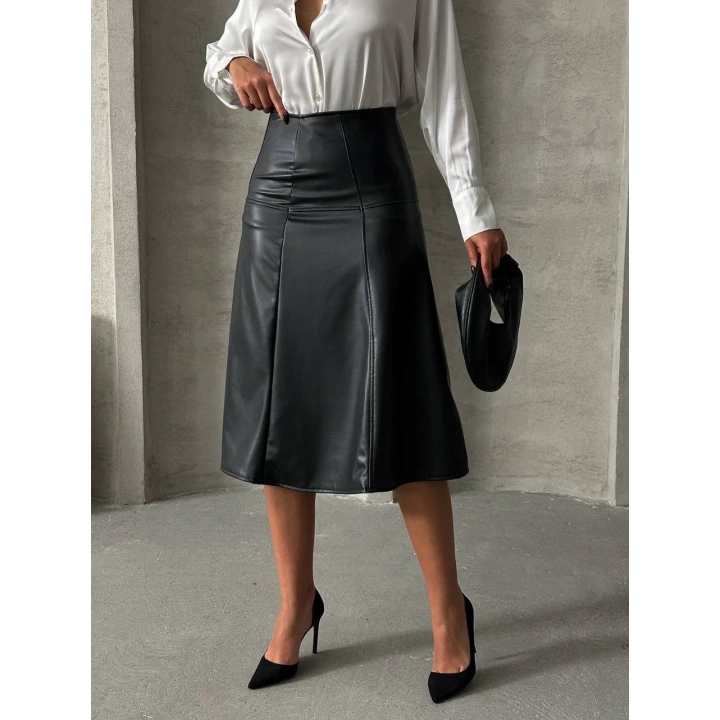 Komple parçalı deri etek siyah h26441