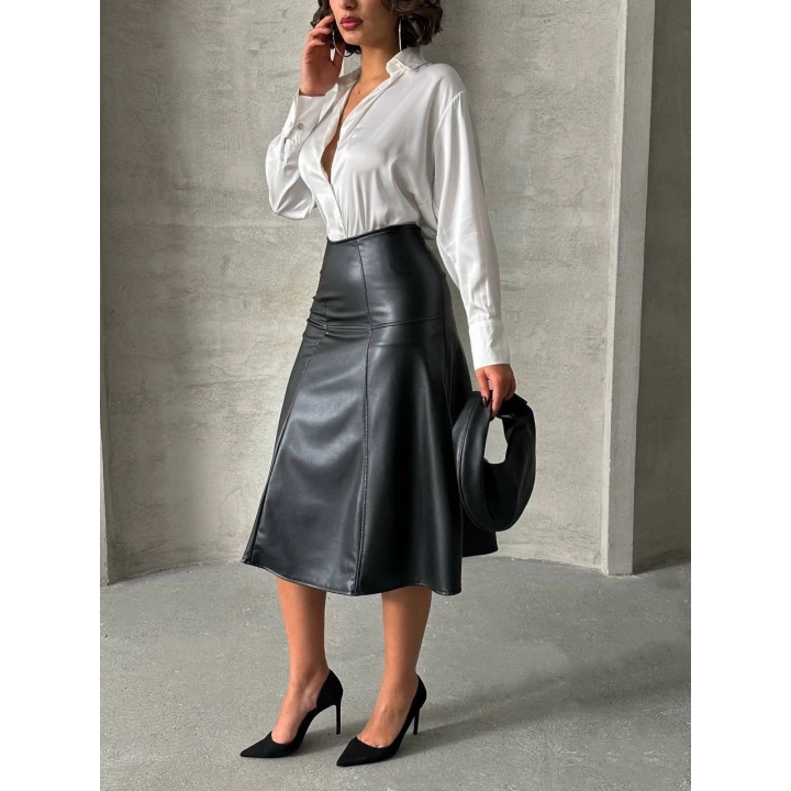 Komple parçalı deri etek siyah h26441