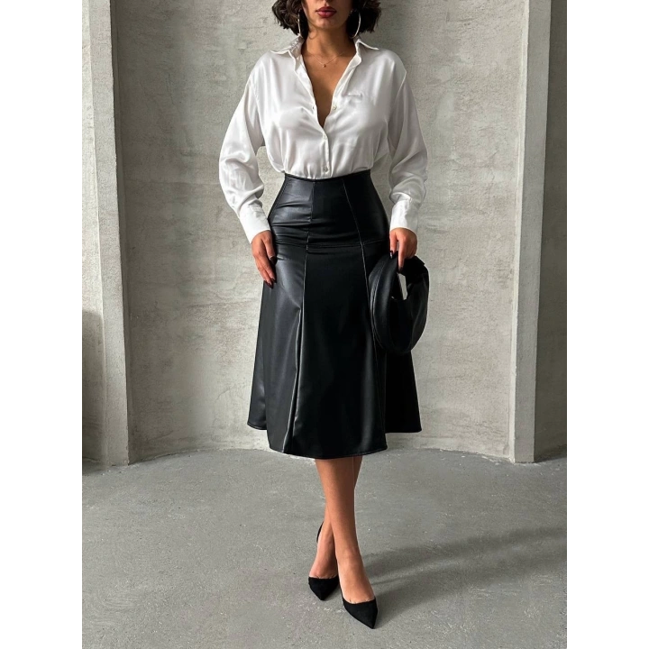 Komple parçalı deri etek siyah h26441