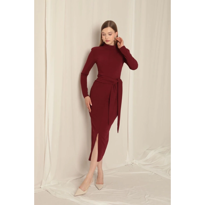 Krep Kumaş Bağlamalı Bordo Elbise