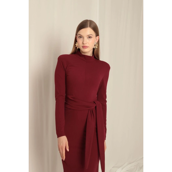 Krep Kumaş Bağlamalı Bordo Elbise