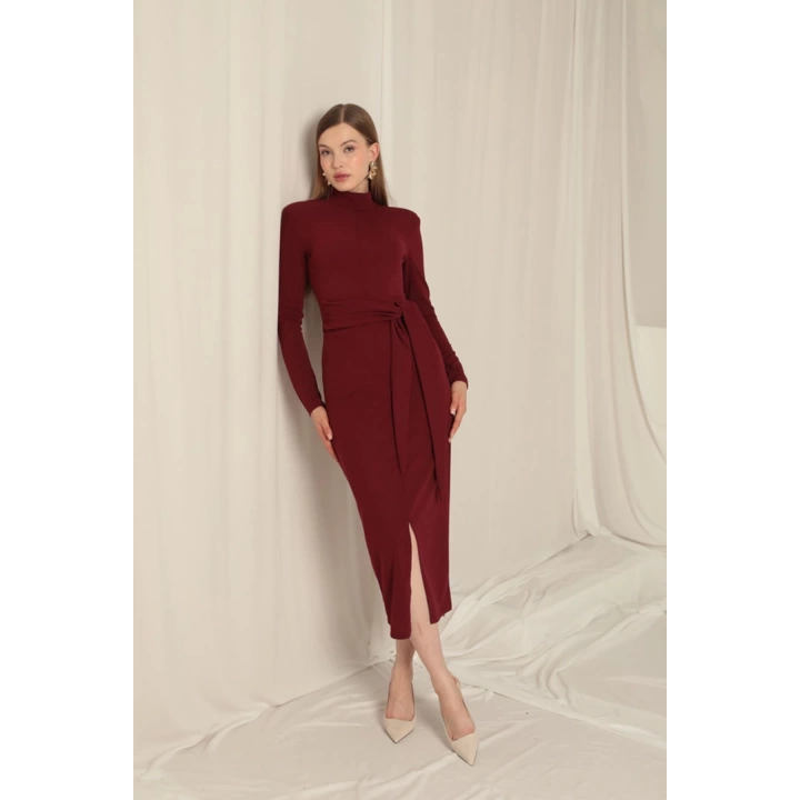 Krep Kumaş Bağlamalı Bordo Elbise