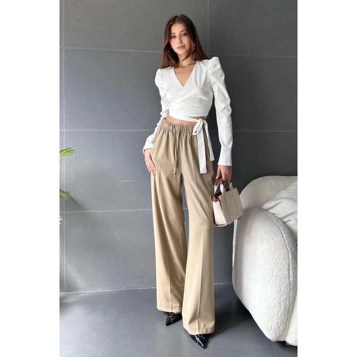 Kruvaze Yaka Beli Kuşaklı Crop Bluz