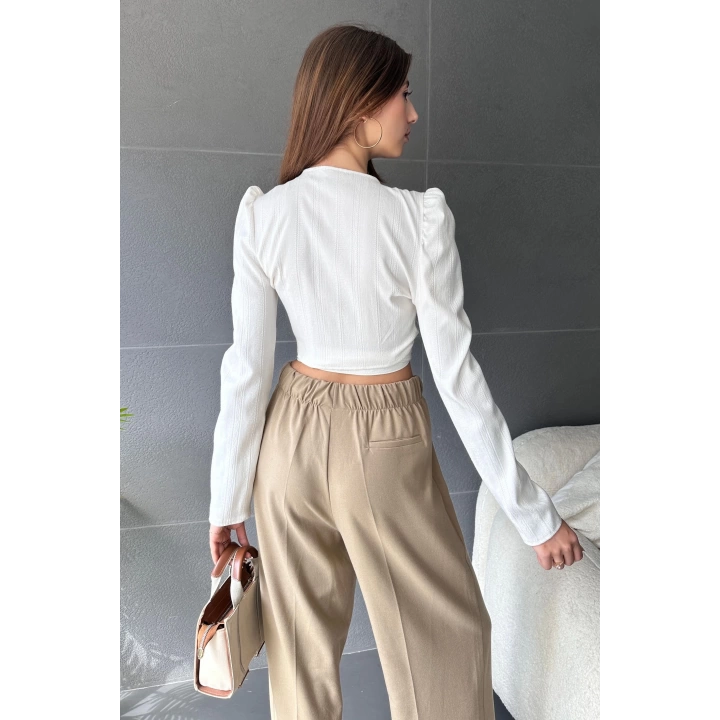 Kruvaze Yaka Beli Kuşaklı Crop Bluz