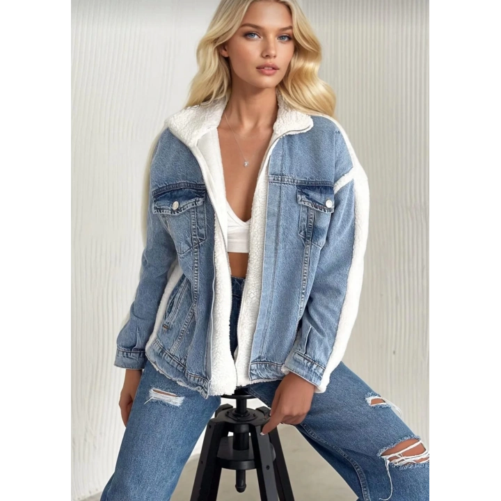 Kürklü kot ceket mavi t7009