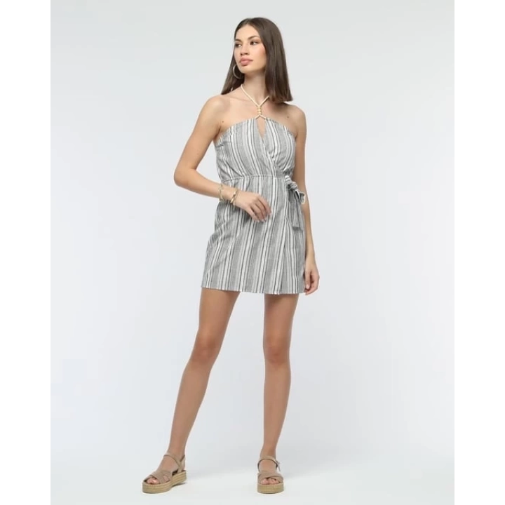 Kuşaklı çizgili mini keten elbise