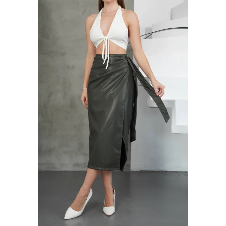 Kuşaklı uzun deri etek haki h26414