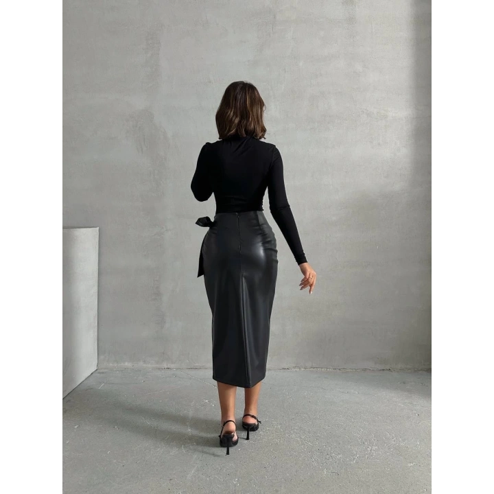 Kuşaklı uzun deri etek siyah h26414