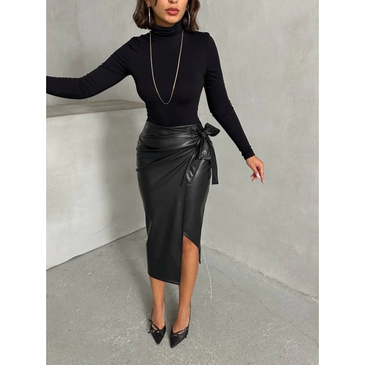 Kuşaklı uzun deri etek siyah h26414