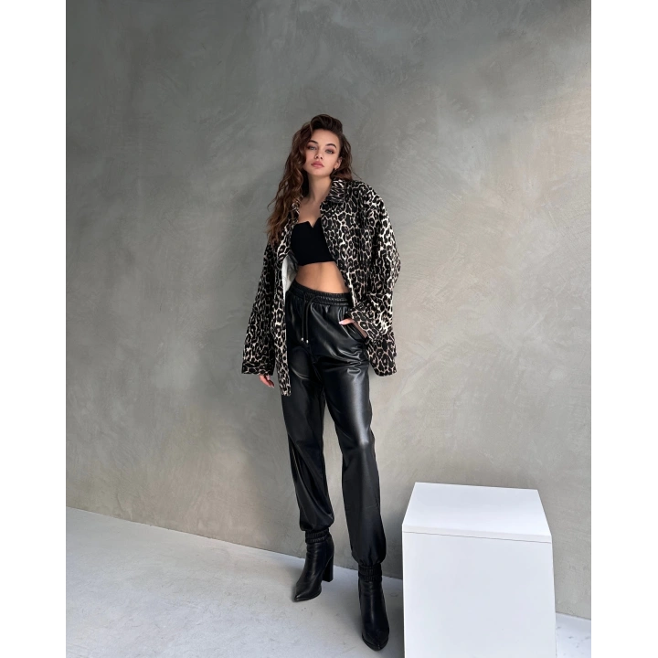 Leopar Desen Çift Cep Oversize Denim Gömlek Ceket