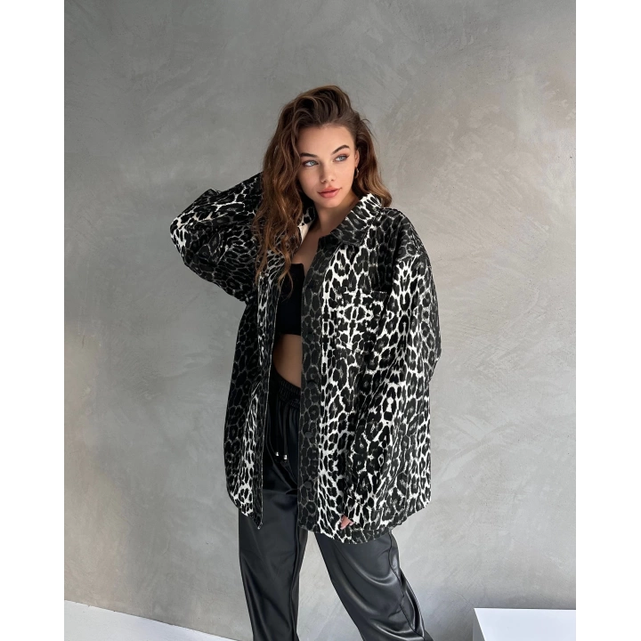 Leopar Desen Çift Cep Oversize Denim Gömlek Ceket