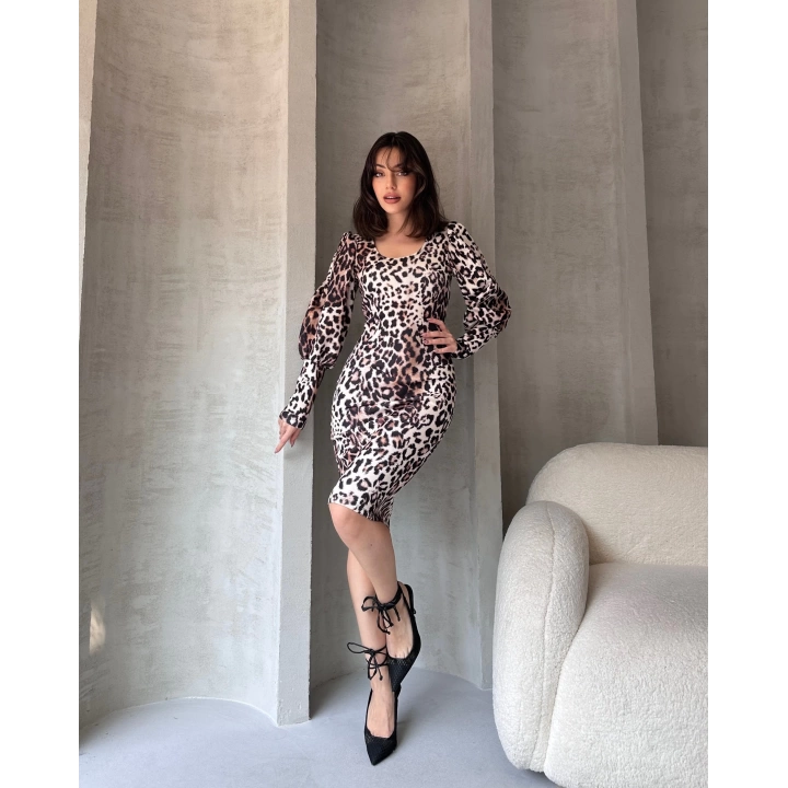 Leopar Desenli Midi Boy Elbise