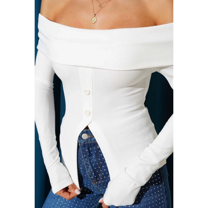 Madonna Yaka Düğmeli Bluz Beyaz t4329