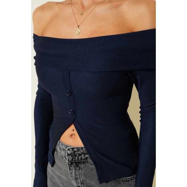 Madonna Yaka Düğmeli Bluz Lacivert t4329