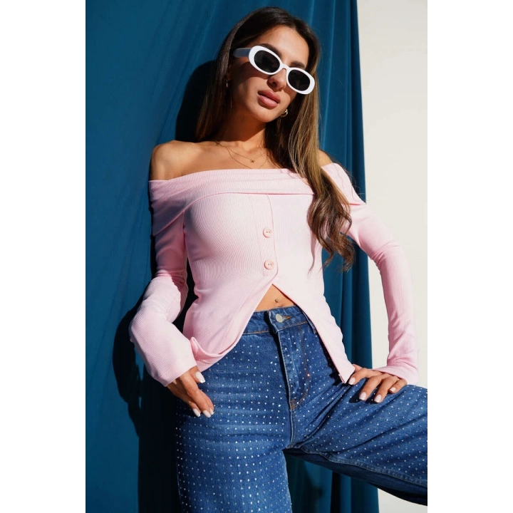 Madonna Yaka Düğmeli Bluz pembe t4329