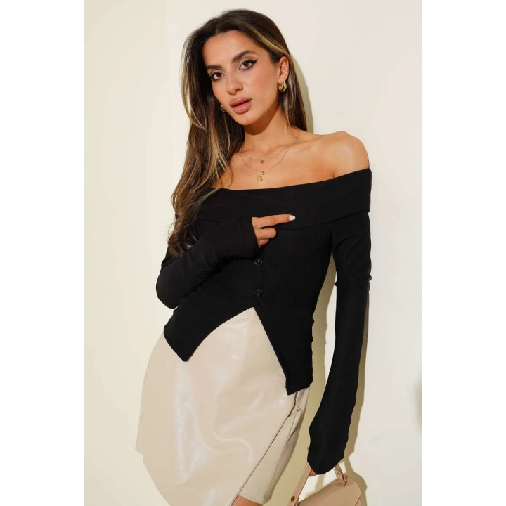 Madonna Yaka Düğmeli Bluz siyah t4329