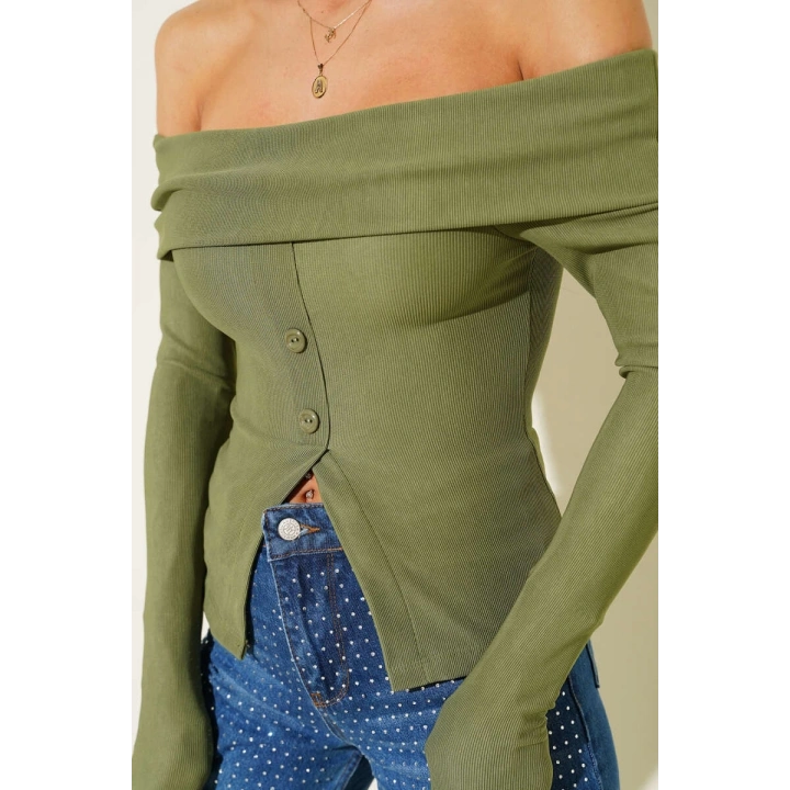 Madonna Yaka Düğmeli Bluz yeşil t4329