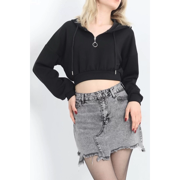 Modal Kapşonlu Crop Sweat Siyah - 12885.148.