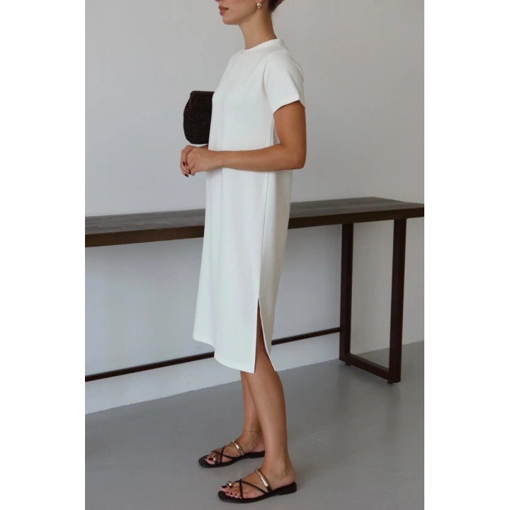 Modal yırtmaçlı elbise beyaz pt