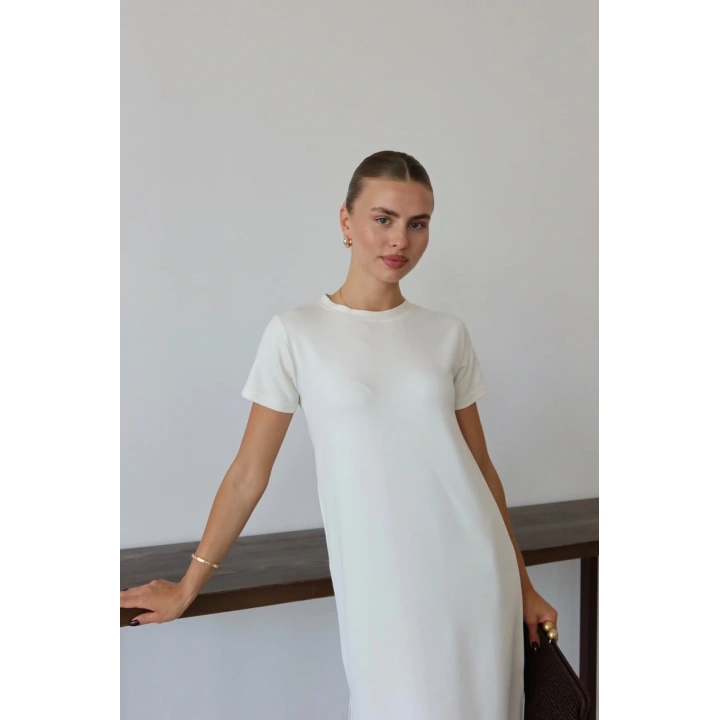 Modal yırtmaçlı elbise beyaz pt