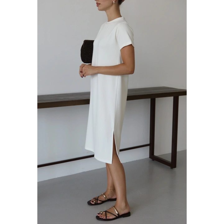 Modal yırtmaçlı elbise beyaz pt