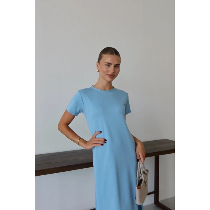 Modal yırtmaçlı elbise mavi pt