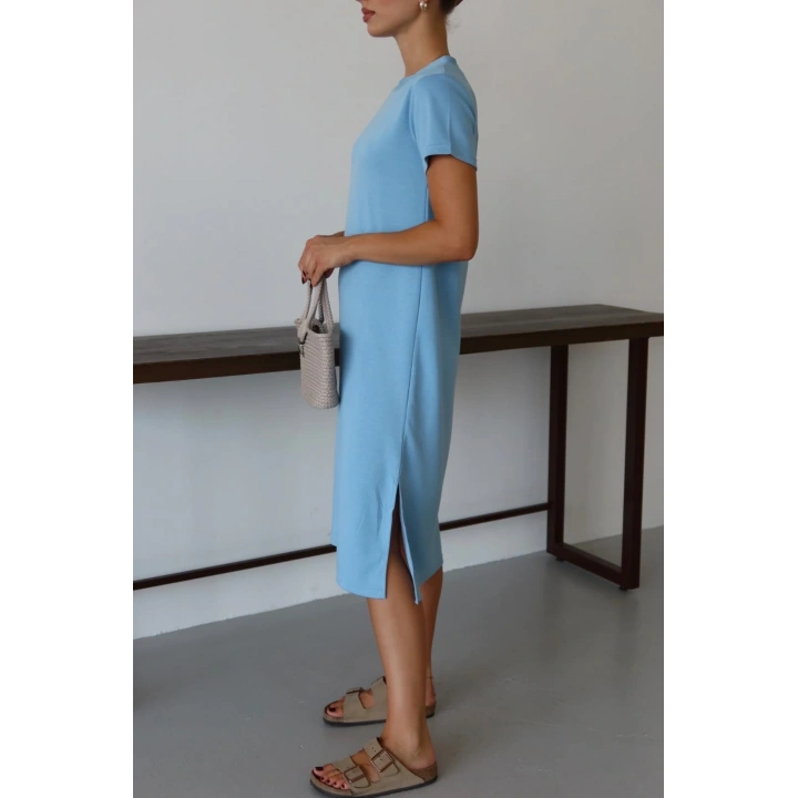 Modal yırtmaçlı elbise mavi pt