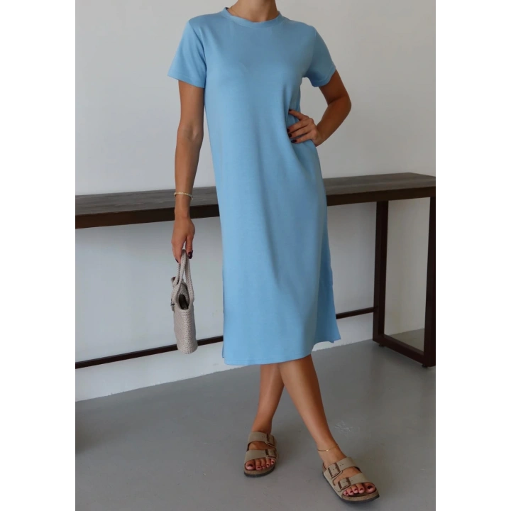 Modal yırtmaçlı elbise mavi pt