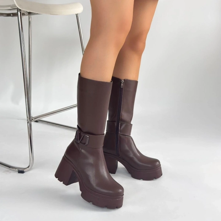 Moki Kahverengi Cilt Topuklu Çizme