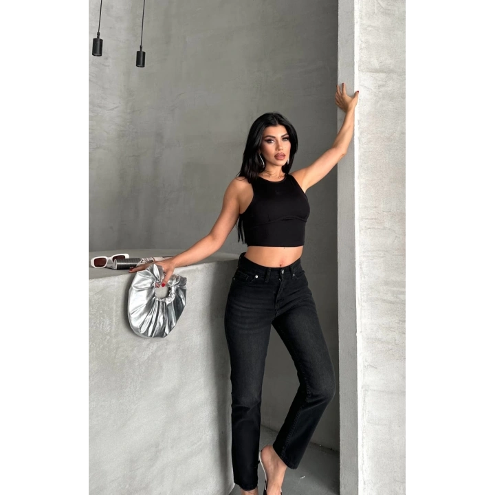 Mom fit enzim bıyıklı taş yıkama jeans pantolon siyah d2006