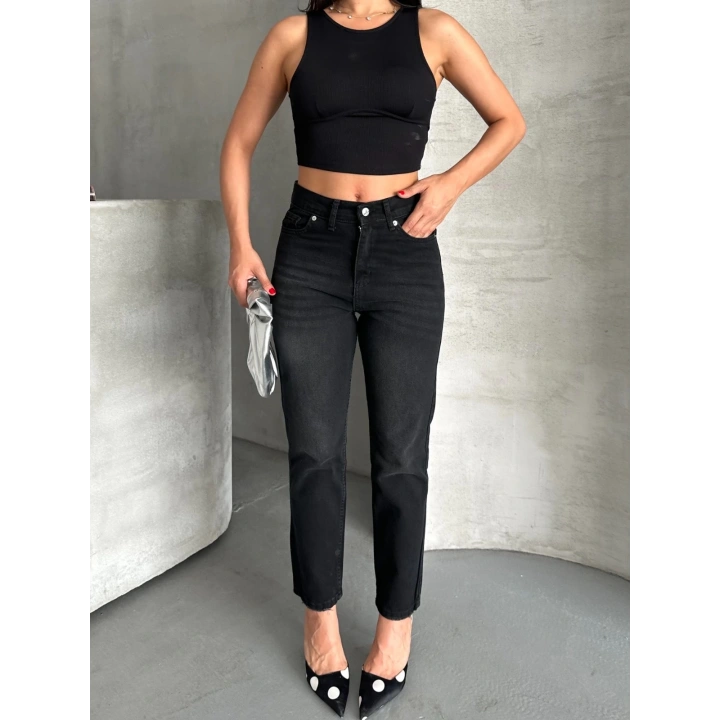 Mom fit enzim bıyıklı taş yıkama jeans pantolon siyah d2006