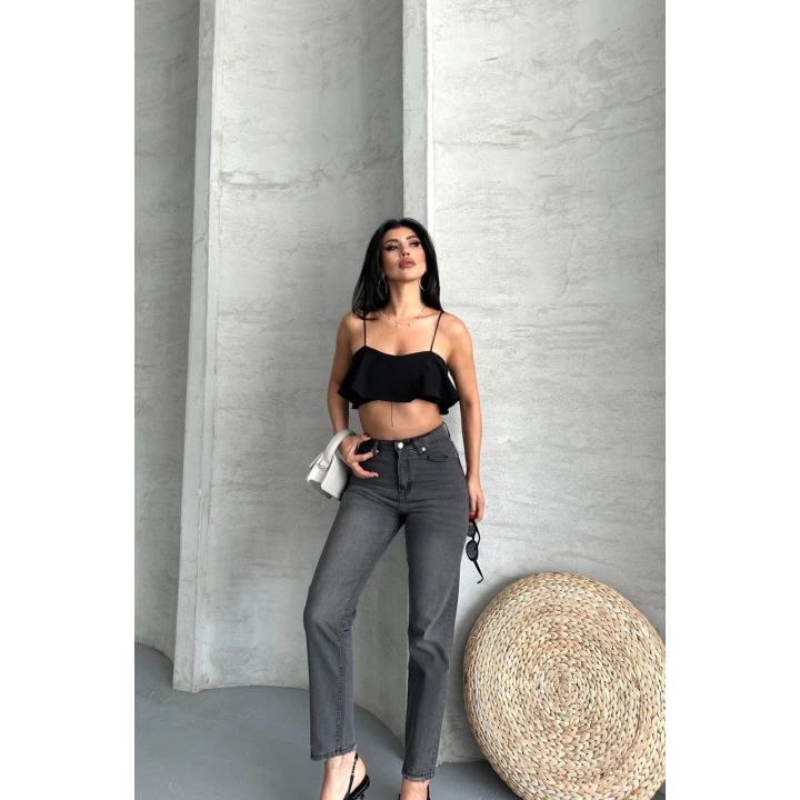 Mom fit enzim taş yıkama jeans pantolon füme d2006