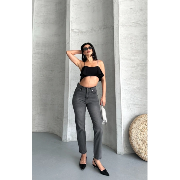 Mom fit enzim taş yıkama jeans pantolon füme d2006