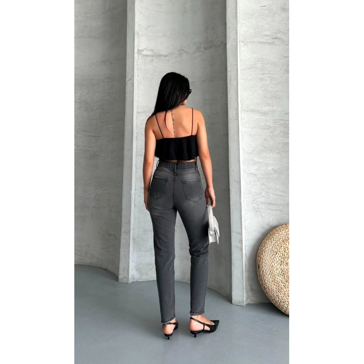 Mom fit enzim taş yıkama jeans pantolon füme d2006