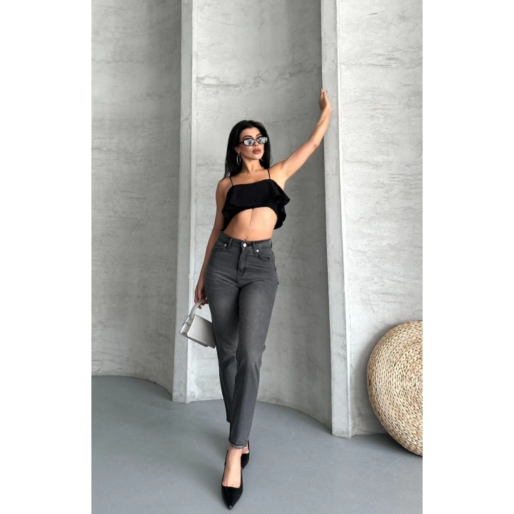 Mom fit enzim taş yıkama jeans pantolon füme d2006