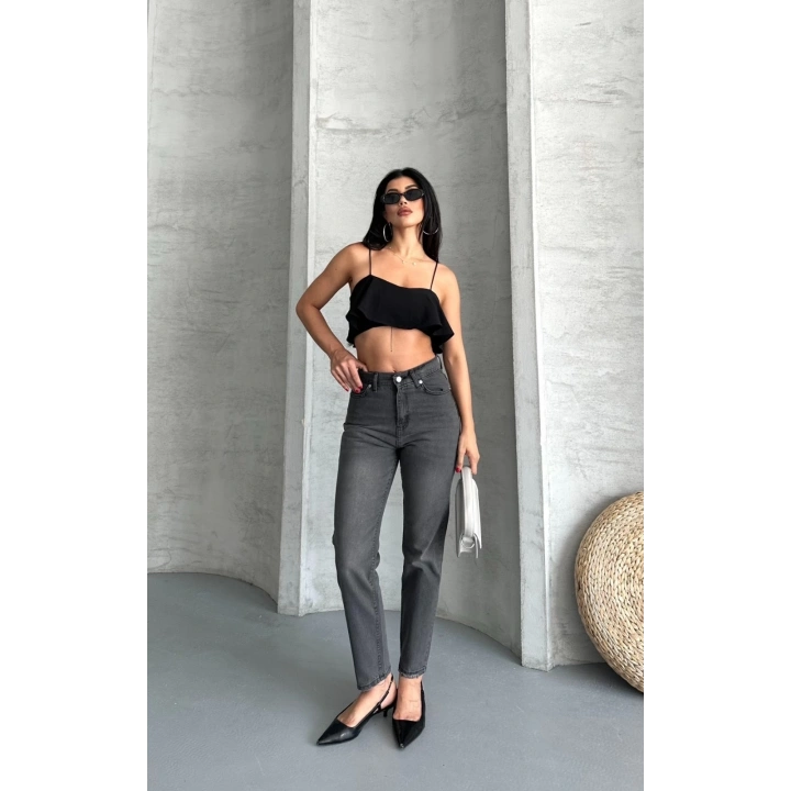 Mom fit enzim taş yıkama jeans pantolon füme d2006