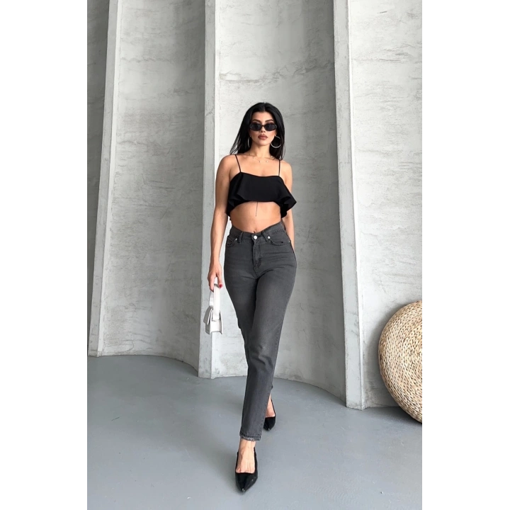 Mom fit enzim taş yıkama jeans pantolon füme d2006