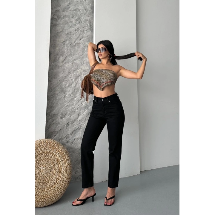 Mom fit enzim taş yıkama jeans pantolon siyah d2006