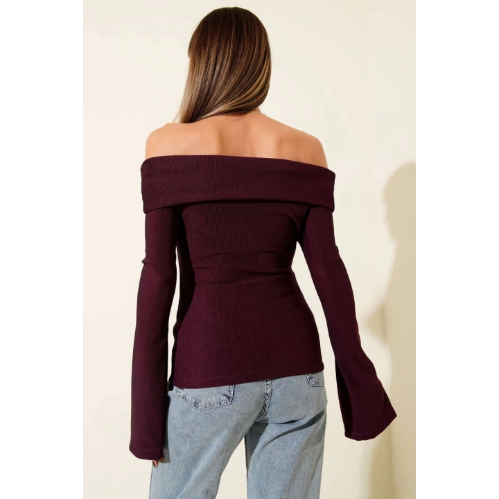 Omzu Açık Fermuarlı Bluz Mürdüm T4330