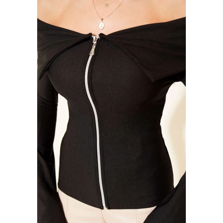 Omzu Açık Fermuarlı Bluz siyah T4330