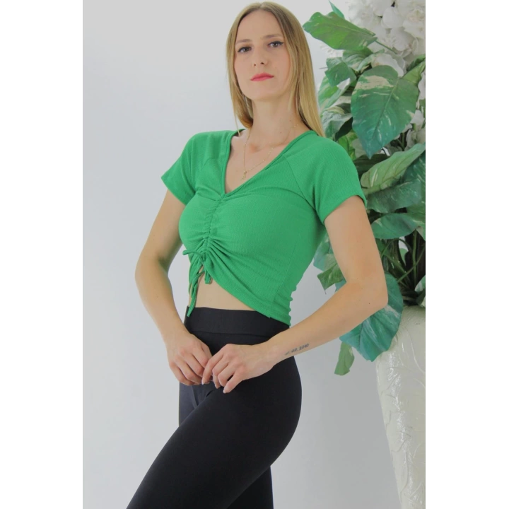 Ön Büzgülü Crop Bluz Yeşil - 1293.33