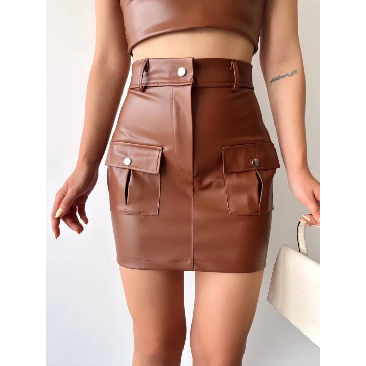 Önden iki cepli deri etek kahve h240040
