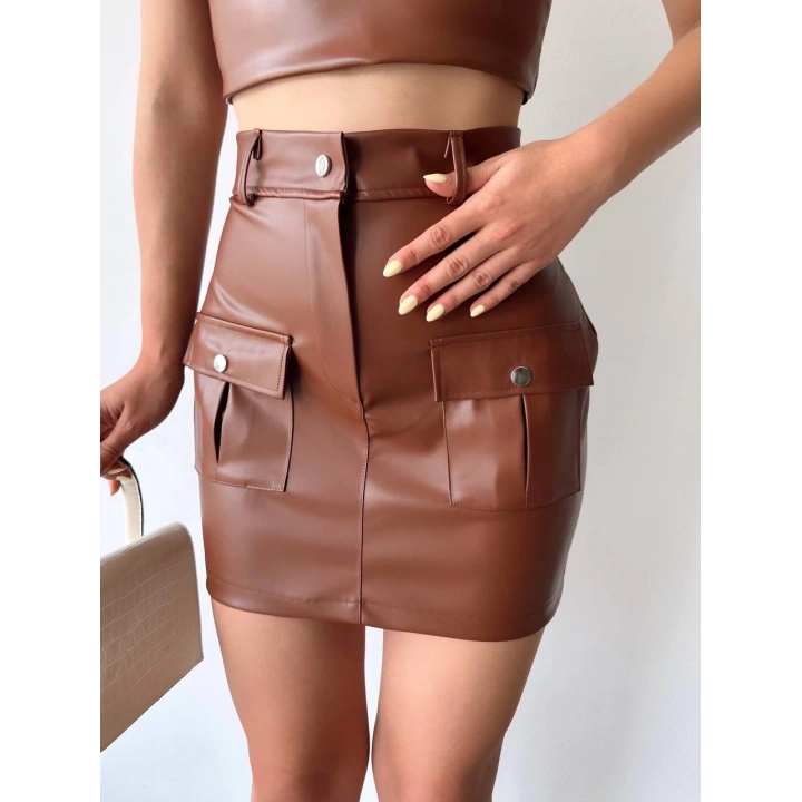 Önden iki cepli deri etek kahve h240040
