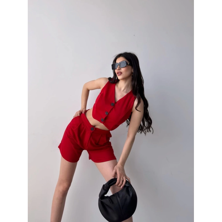 Önü Düğmeli Crop Yelek Ve Şort İkili Takım