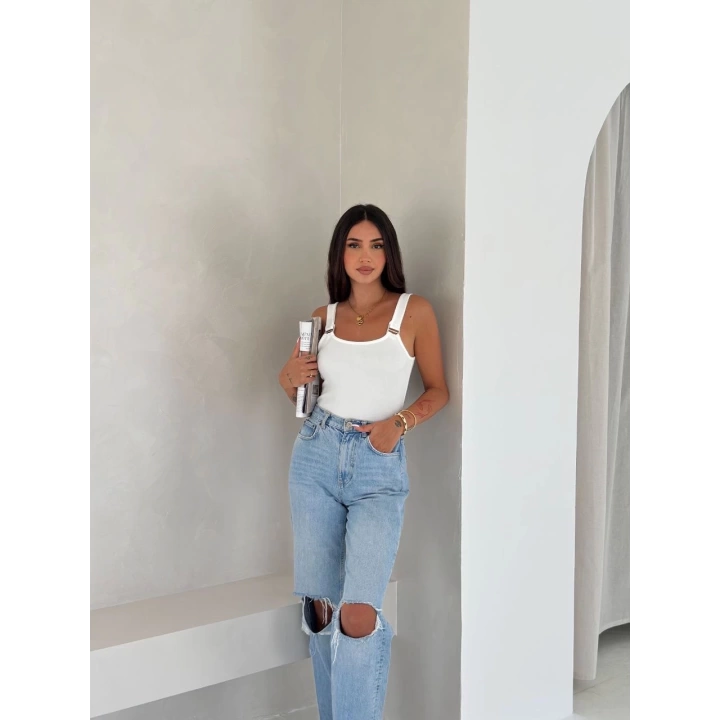 Ottoman toka askılı bluz beyaz s4194