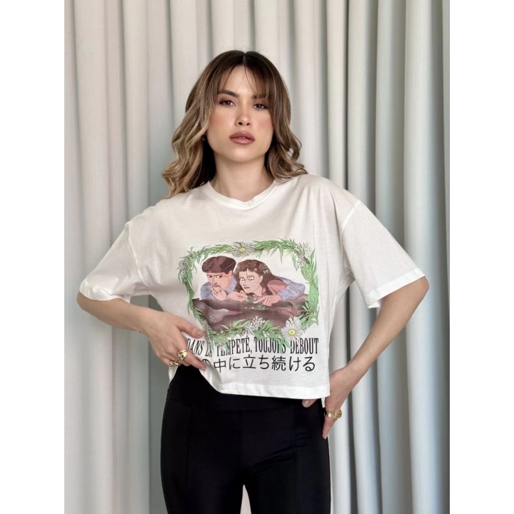 Oversize Beyaz baskılı crop tişört