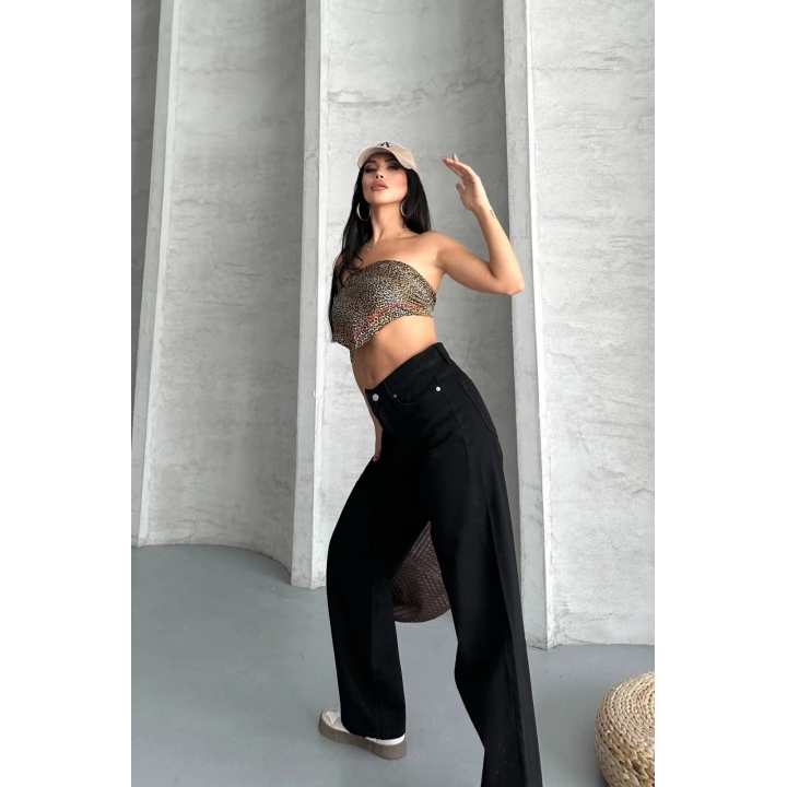 Palazzo straight enzim süper taş yıkama jeans pantolon siyah d2008