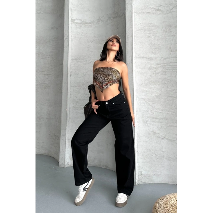 Palazzo straight enzim süper taş yıkama jeans pantolon siyah d2008